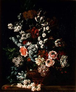 An Arrangement of Flowers in a Glass and Ormolu Vase