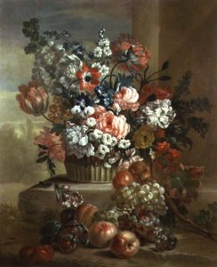 Still life of a basket of flowers and fruit