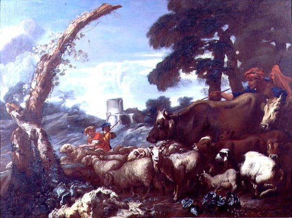 Farmhands with cattle and sheep