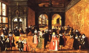 A scene in a town square with numerous figures