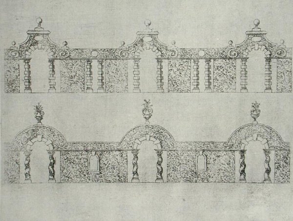 Topiary arcaded walkway designs from 'The Gardens of Wilton' c.1645