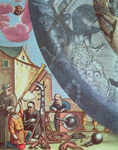 Astronomers looking through a telescope, detail from a map of the constellations from 'The Celestial Atlas, or The Harmony of the Universe'