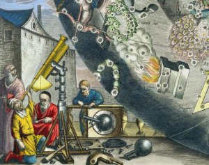 Astronomers looking through a telescope, detail from a map of the constellations, from 'The Celestial Atlas, or The Harmony of the Universe'