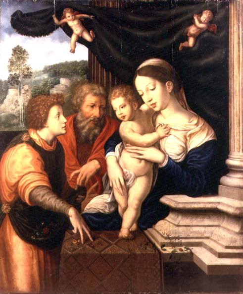 The Holy Family Being Presented with a Basket of Flowers by an Angel, on a Classical Terrace, Being a Version of the Painting by Barend van Orley in the Louvre of 1521