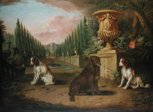 Three Spaniels in a formal garden  c.1730