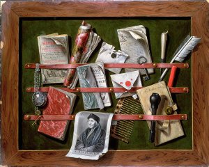 Trompe l'oeil letter rack with a print of an old man, 1703