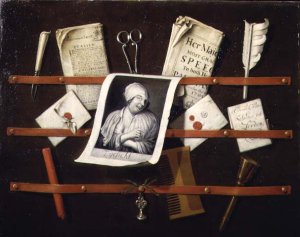 Trompe l'oeil letter rack with a print of a woman and a Parliamentary speech of 1704