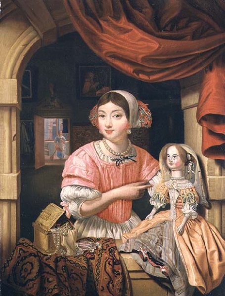 Girl holding a doll in an interior with a maid sweeping behind