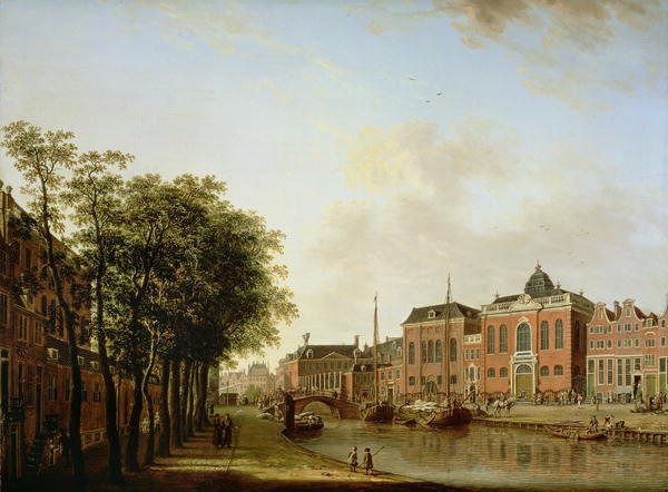 The Houtegracht, now the Jonas Daniel Meijerplein, Amsterdam, with the Ashkenazi Synagogues, the Arsenal, the Portuguese Synagogue and Sailing Barges