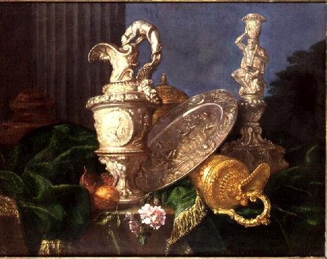 A Still Life of an Ornate Silver Ewer and a Silver Basin