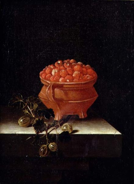 Strawberries and Gooseberries on a stone ledge