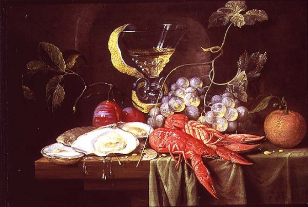 Still life with lobster, oysters and fruit