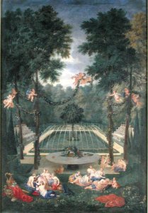 View of the Orangerie at Versailles, from the Piece d'Eau des Suisses and the King's Vegetable Garden with Vertumnus and Pomona, 1688