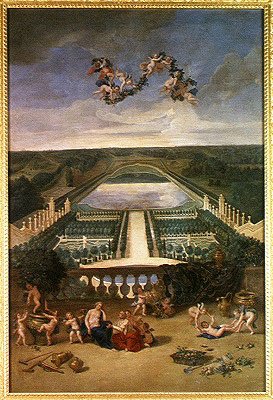 View of the Orangerie at Versailles, from the Piece d'Eau des Suisses and the King's Vegetable Garden with Vertumnus and Pomona, 1688