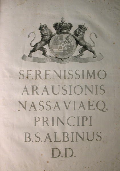 Albinus I, Dedication page, from 'Tabulae sceleti et musculorum corporis humani', by Bernhard Siegfried Albinus (1697-1770), published by J.&H. Verbeek, bibliop., Leiden, 1747