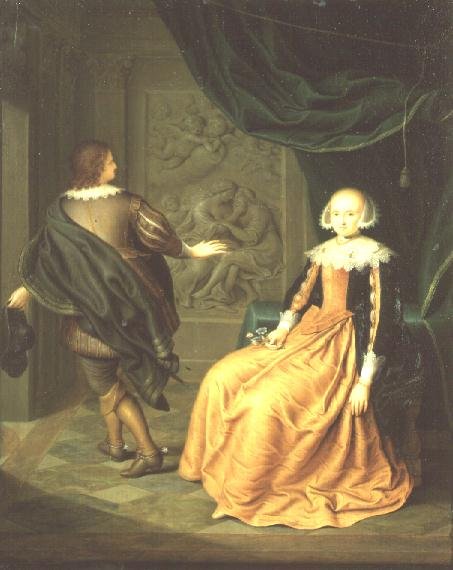 A Lady in an Orange Dress with Cavalier taking his Leave