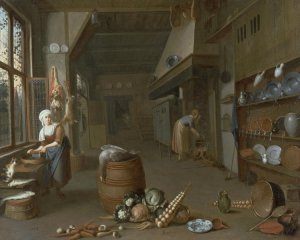 Kitchen interior with two maids preparing food