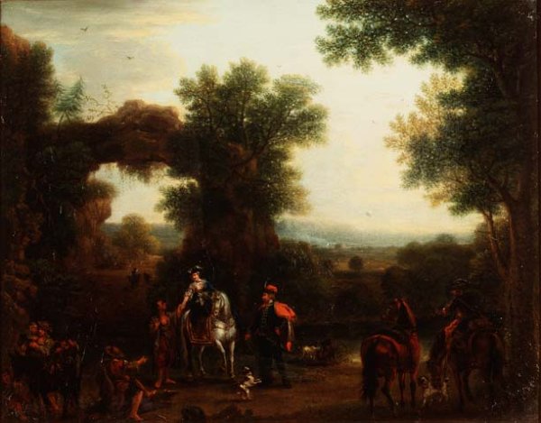 A hunting party giving alms to gypsies in a wooded river landscape