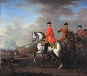 King George II (1683-1760) at the Battle of Dettingen, with the Duke of Cumberland and Robert, 4th Earl of Holderness, 27th June 1743, c.1743