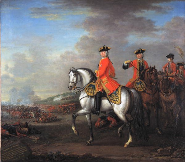 King George II (1683-1760) at the Battle of Dettingen, with the Duke of Cumberland and Robert, 4th Earl of Holderness, 27th June 1743, c.1743