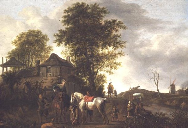 A landscape with a cottage and horsemen