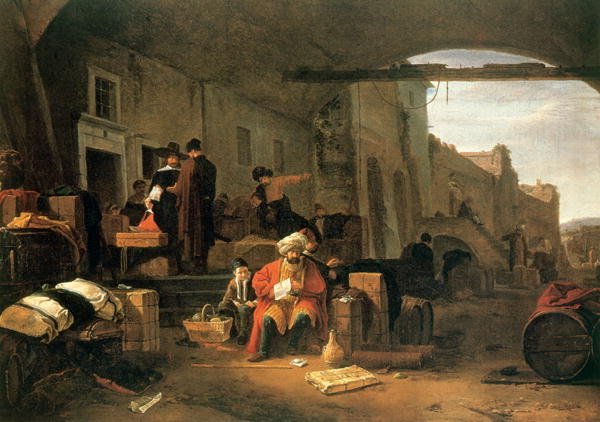 Merchants from Holland and the Middle East trading in a Mediterranean port