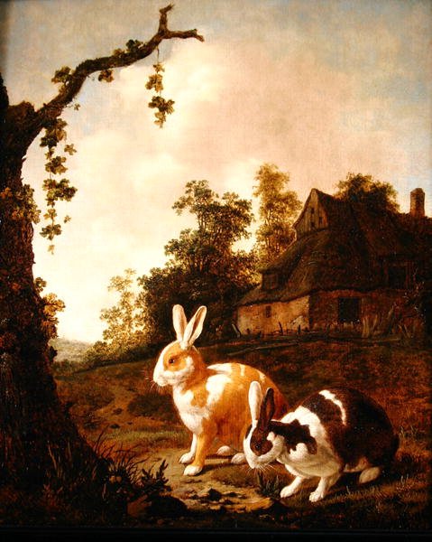 Wooded landscape with two hares