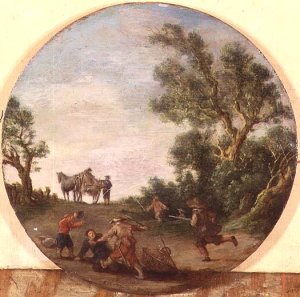 Brigands attacking a traveller on a track by a wood