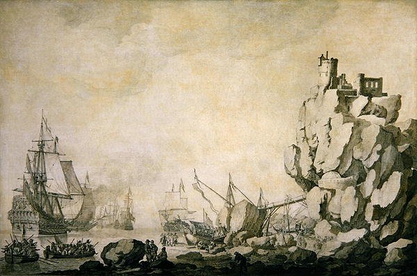 Ships and militia by a rocky shore, c.1680