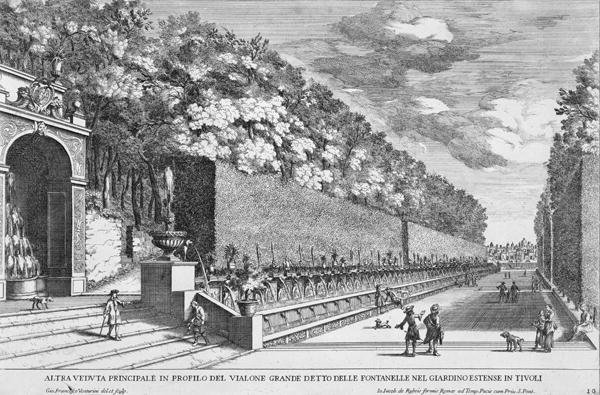 The double Terrace of One Hundred Fountains at Villa dEste, Tivoli, from Le Fontane by Giovanni Battista Falda c.1648-78, published before 1689