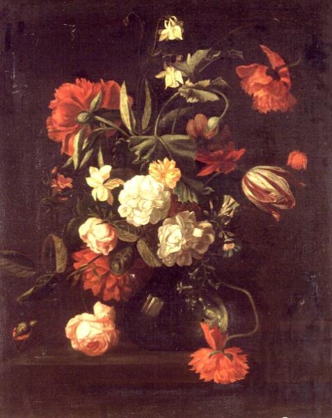 Roses, tulips, peonies and other flowers in a vase