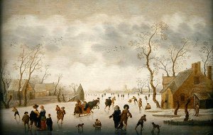 Winter landscape with skaters and colf players