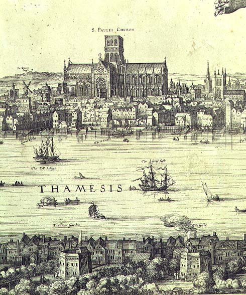 Panorama of London and the Thames, detail from part two showing St. Pauls Cathedral and the Globe Theatre, c.1600