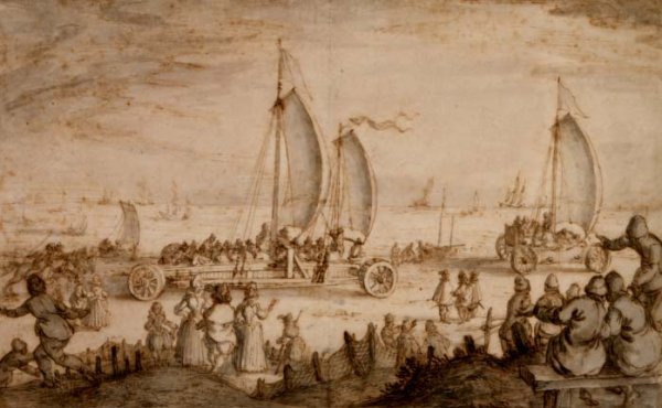 Prins Maurits of Nassau's land yachts on the beach at Scheveningen, c.1614-15