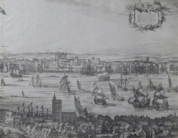 Panorama of London and the Thames, part four showing the Tower and the Church of St. Olave, c.1600