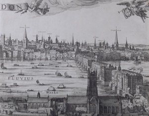 Panorama of London and the Thames, part three showing Southwark, London Bridge and the churches in the City, c.1600