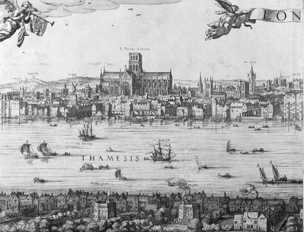 Panorama of London and the Thames, part two showing St. Pauls Cathedral and the Globe Theatre, c. 1600