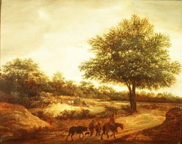 A wooded landscape with travellers on a path, a cottage beyond