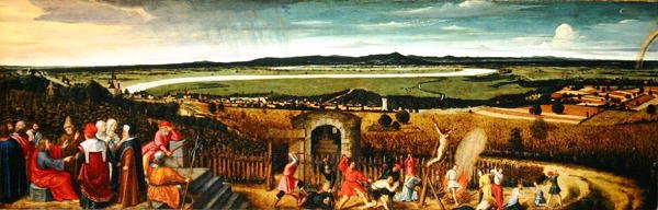 An extensive river landscape with the Parable of the Tenants and the Vineyard Owner