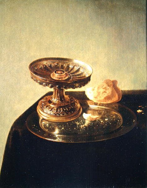 Still life with a pewter plate and bread