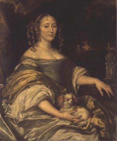 Portrait of a young lady in blue dress with lapdog