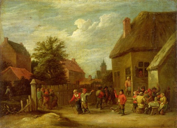 The courtyard of a village inn with a man toasting departing revellers