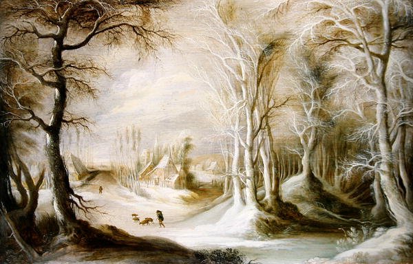 Winter landscape with a peasant walking through snow