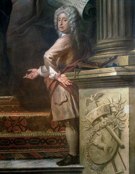 Rear wall painting of the Upper Hall glorifying George I (1660-1727) and the House of Hanover, detail of the artist, 1718-24