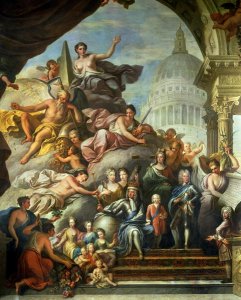 Ceiling of the Painted Hall, detail of King William III 1650-1702 and Queen Mary II 1662-94 Enthroned, 1707-14