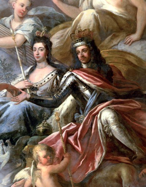 Ceiling of the Painted Hall, detail of King William III 1650-1702 and Queen Mary II 1662-94 Enthroned, 1707-14