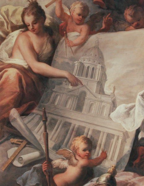 Ceiling of the Painted Hall, detail showing a drawing of the exterior of the Painted Hall, 1707-14