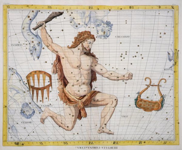 Constellation of Hercules with Corona and Lyra, plate 21 from Atlas Coelestis, by John Flamsteed 1646-1710, published in 1729