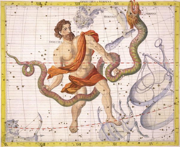 Constellation of Ophiucus and Serpens, plate 22 from Atlas Coelestis, by John Flamsteed 1646-1710, published in 1729