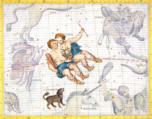 Constellation of Gemini with Canis Minor, plate 13 from Atlas Coelestis, by John Flamsteed 1646-1710, published 1729